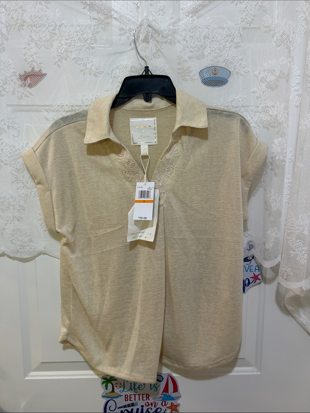 Beige Short-Sleeve Polo Blouse with Embroidered V-Neck